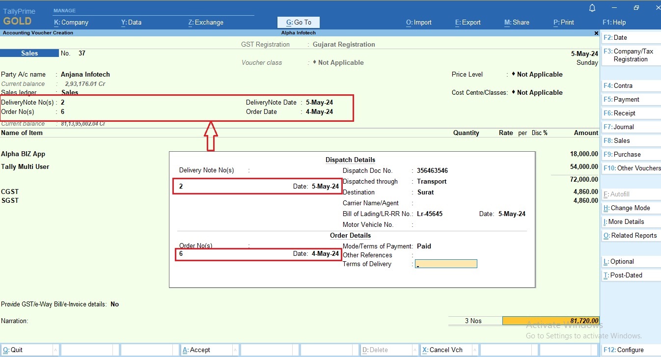 Display Challan and Order Details in Voucher Entry Main Screen